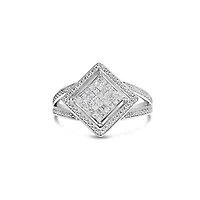 Silver 1/3 Cttw Diamond Rhombus and Beaded Halo Ring
