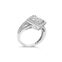 Silver 1/3 Cttw Diamond Rhombus and Beaded Halo Ring