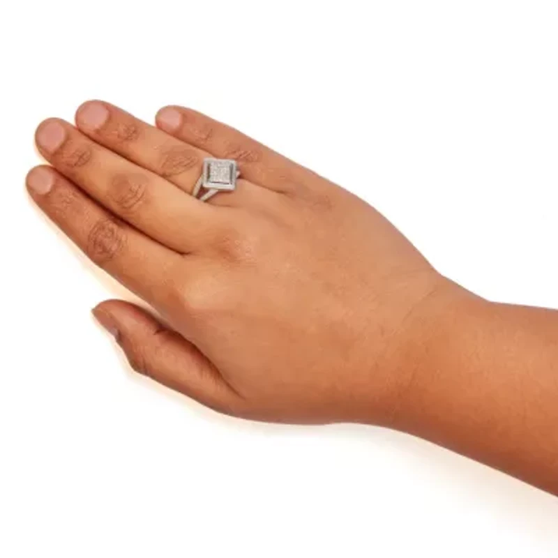 Silver 1/3 Cttw Diamond Rhombus and Beaded Halo Ring