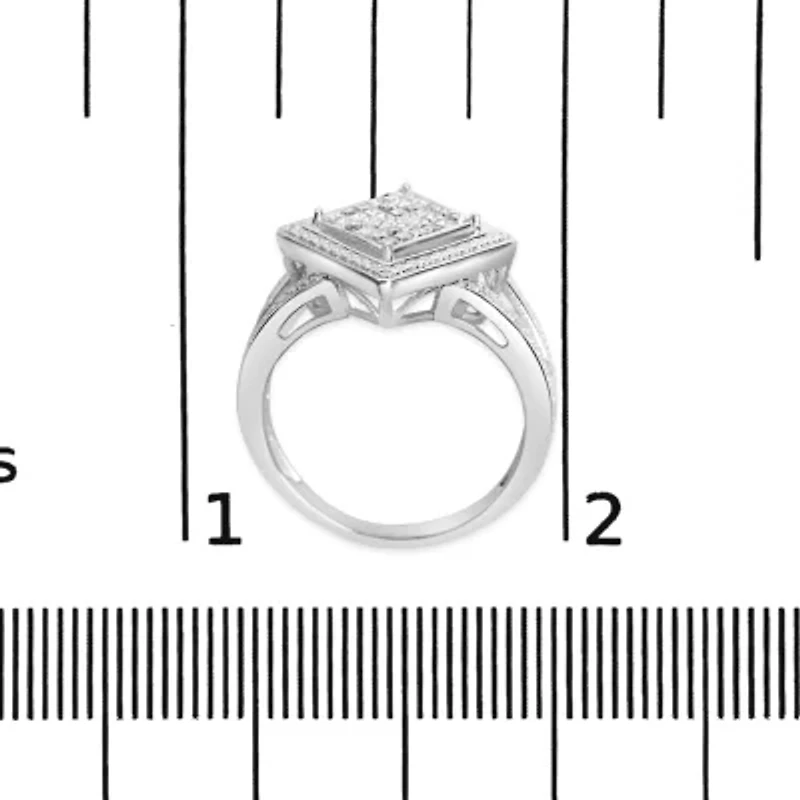 Silver 1/3 Cttw Diamond Rhombus and Beaded Halo Ring