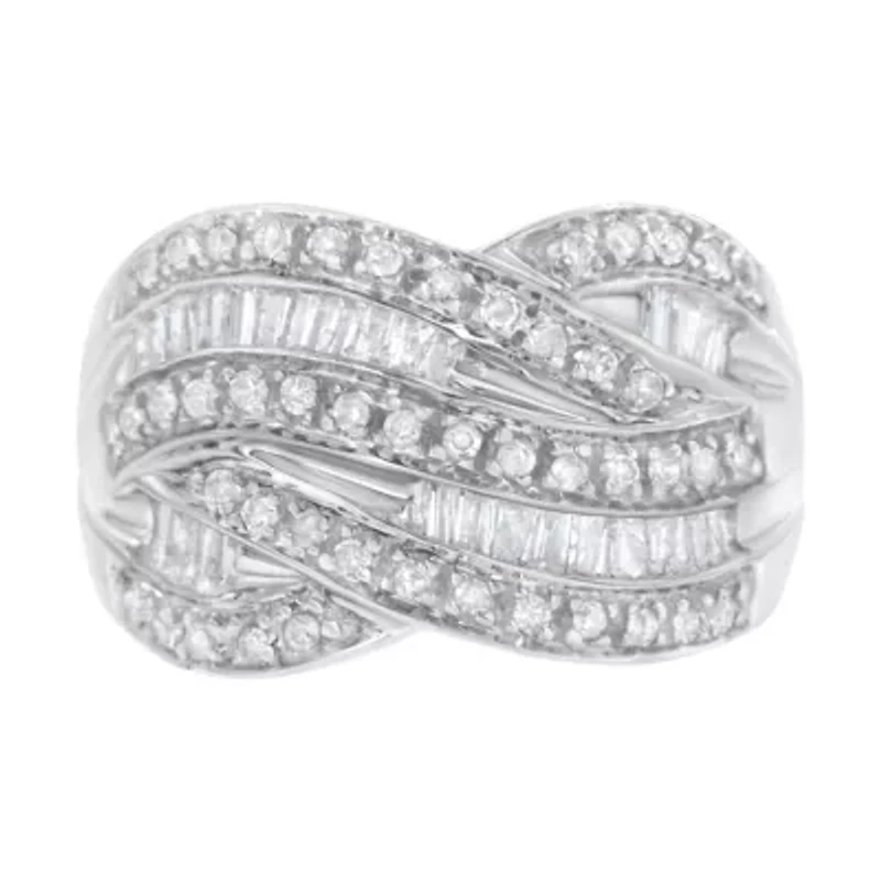 Silver 1.0 Cttw Diamond Cross-over Bypass Ring Band
