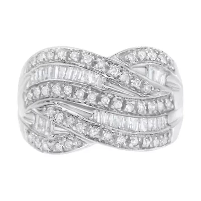 Silver 1.0 Cttw Diamond Cross-over Bypass Ring Band