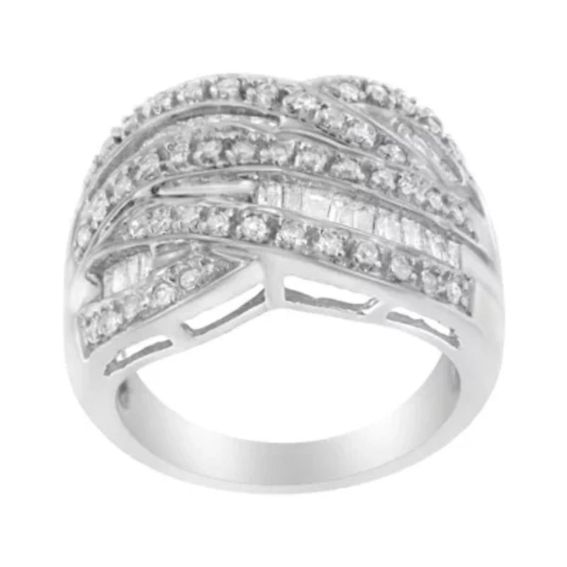Silver 1.0 Cttw Diamond Cross-over Bypass Ring Band