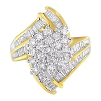 10K Yellow Gold Round and Baguette Diamond Swirl Ring