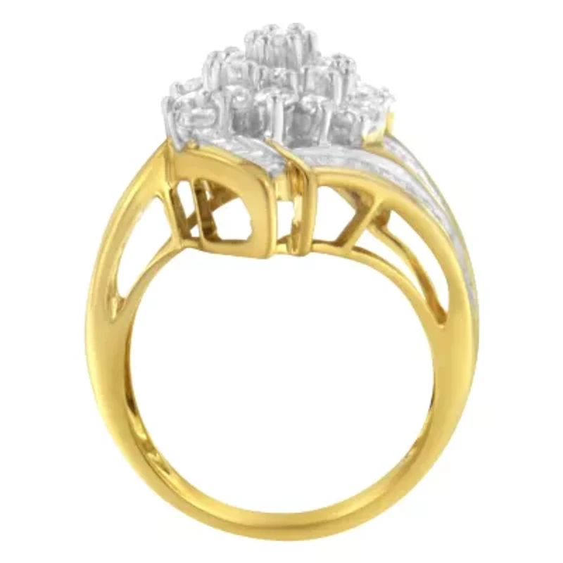 10K Yellow Gold Round and Baguette Diamond Swirl Ring