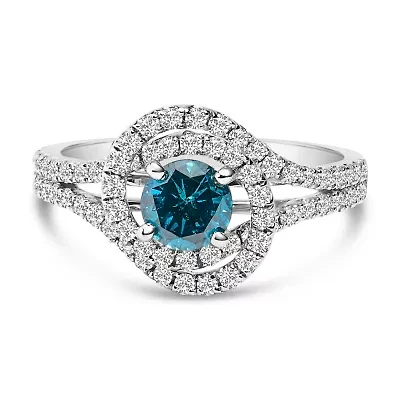 14K White Gold 1-1/3 Cttw & Blue Diamond Cocktail Ring