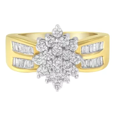 10K Yellow Gold 1.0 Cttw Diamond Floral Cluster Band Statement Ring