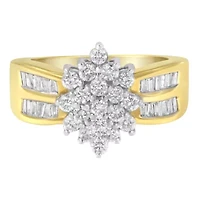 10K Yellow Gold 1.0 Cttw Diamond Floral Cluster Band Statement Ring