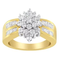 10K Yellow Gold 1.0 Cttw Diamond Floral Cluster Band Statement Ring