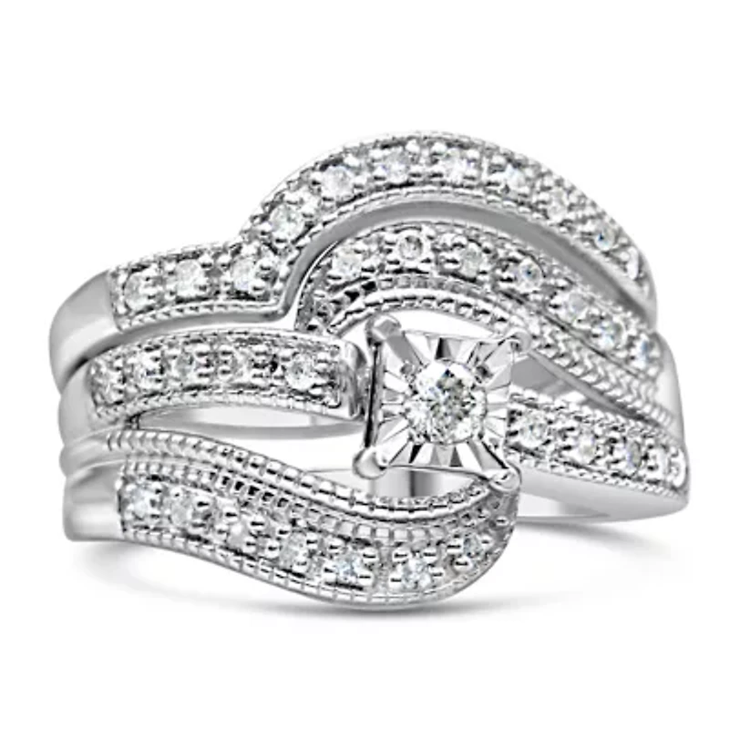 Silver 1/3 Cttw Diamond Crisscross Engagement Ring Bridal Set
