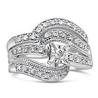 Silver 1/3 Cttw Diamond Crisscross Engagement Ring Bridal Set