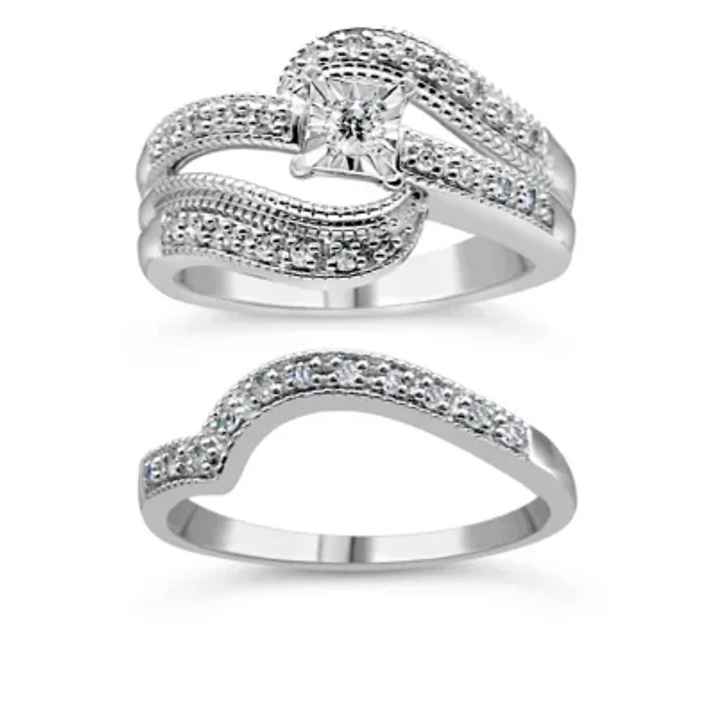 Silver 1/3 Cttw Diamond Crisscross Engagement Ring Bridal Set
