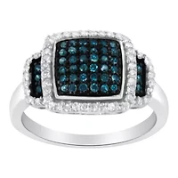 Black Rhodium Plated Silver 1/2 Cttw White & Blue Diamond Cocktail Ring