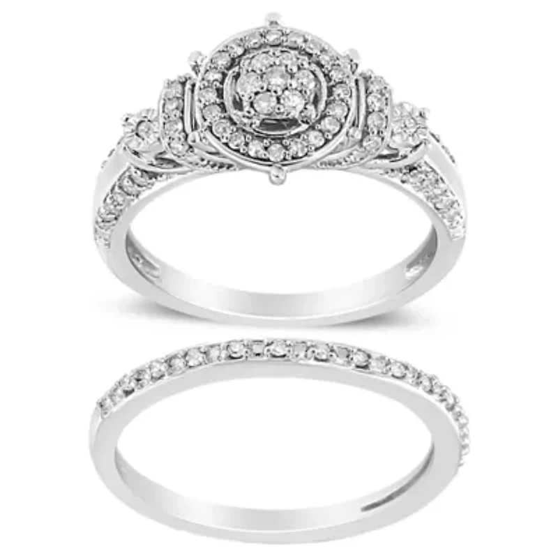 Silver 1/3 Cttw Diamond 7 Stone Engagement Ring and Wedding Band Set