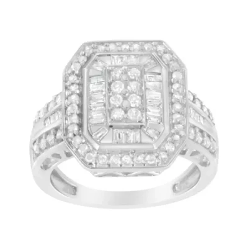 Silver Round and Baguette Diamond Cathedral Ring