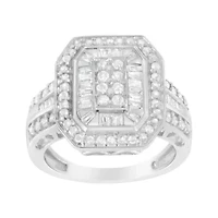 Silver Round and Baguette Diamond Cathedral Ring