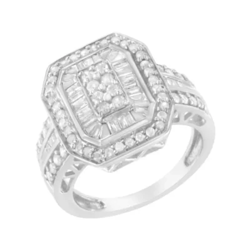 Silver Round and Baguette Diamond Cathedral Ring