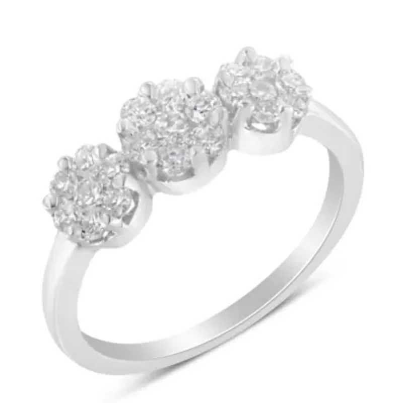 14K White Gold Three-Stone Cluster Diamond Ring