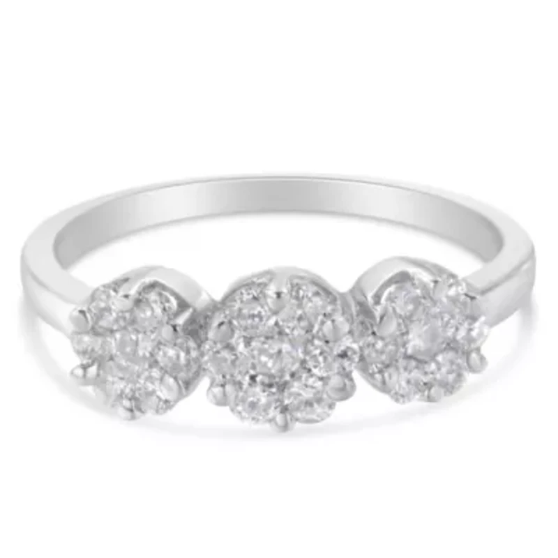 14K White Gold Three-Stone Cluster Diamond Ring