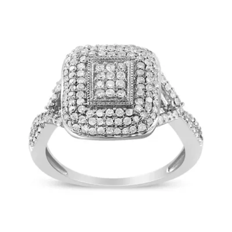 Silver 1/2 Cttw Round Diamond Cluster Cushion Ring
