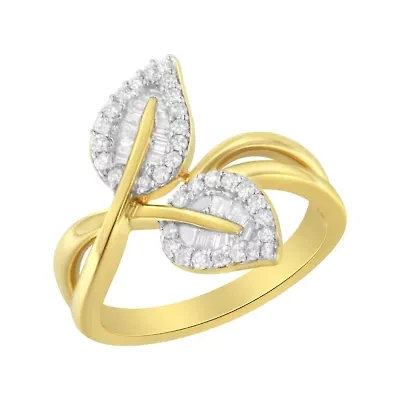 10K Yellow Gold 3/8 Cttw Diamond Leaf Cocktail Ring