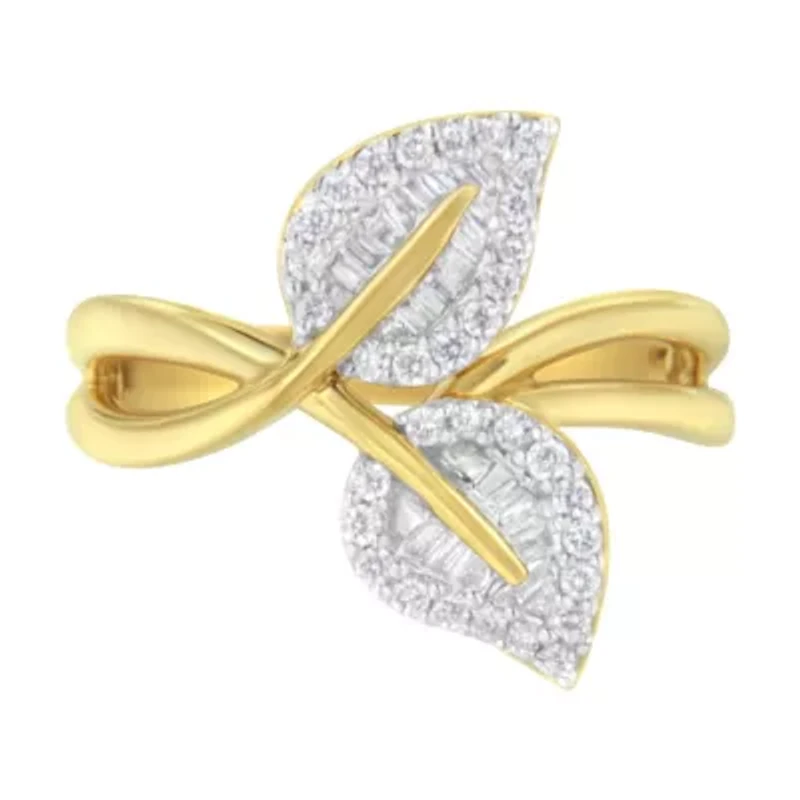 10K Yellow Gold 3/8 Cttw Diamond Leaf Cocktail Ring