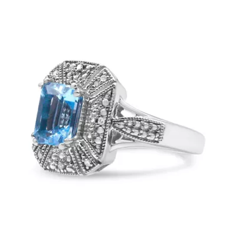Silver Diamond Accent and 8X6 mm Blue Topaz Ring