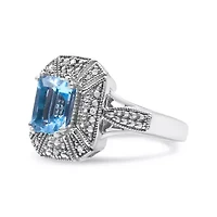 Silver Diamond Accent and 8X6 mm Blue Topaz Ring