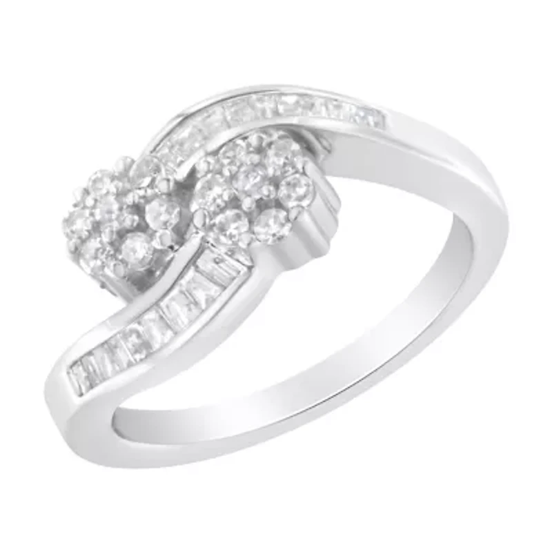14K White Gold Round and Baguette Diamond Bypass Ring
