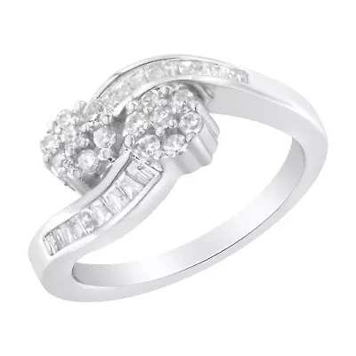 14K White Gold Round and Baguette Diamond Bypass Ring