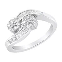 14K White Gold Round and Baguette Diamond Bypass Ring