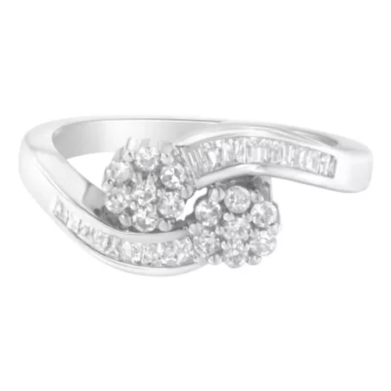 14K White Gold Round and Baguette Diamond Bypass Ring
