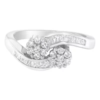 14K White Gold Round and Baguette Diamond Bypass Ring