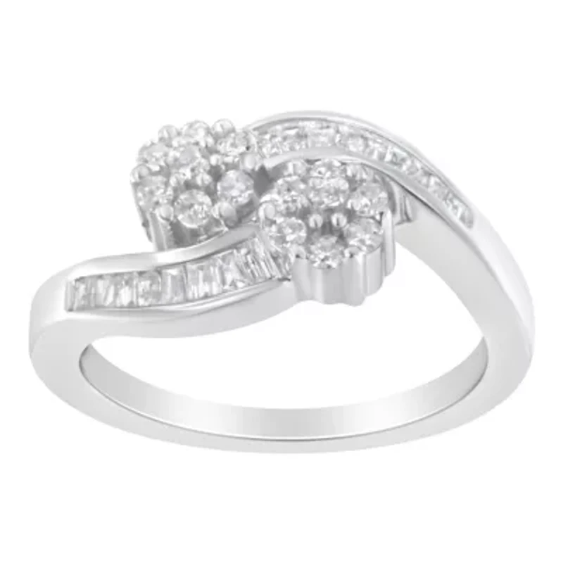 14K White Gold Round and Baguette Diamond Bypass Ring