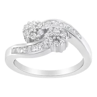 14K White Gold Round and Baguette Diamond Bypass Ring