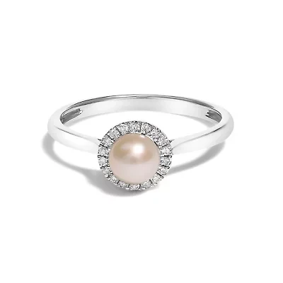 10K White Gold 5MM Pearl and Diamond Halo Ring