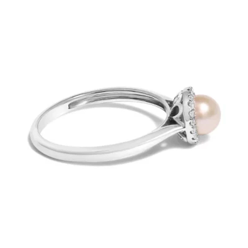 10K White Gold 5MM Pearl and Diamond Halo Ring