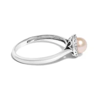 10K White Gold 5MM Pearl and Diamond Halo Ring