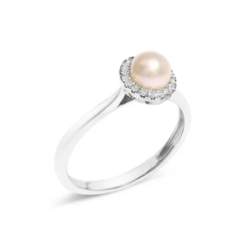 10K White Gold 5MM Pearl and Diamond Halo Ring