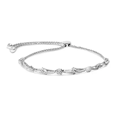 Silver Diamond Accent Heart and Wave Link Bolo Bracelet- 6" to 9" Adjustable