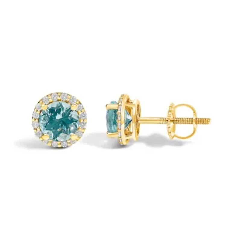 10K Gold Gemstone and 1/6 Cttw Diamond Halo Stud Earring