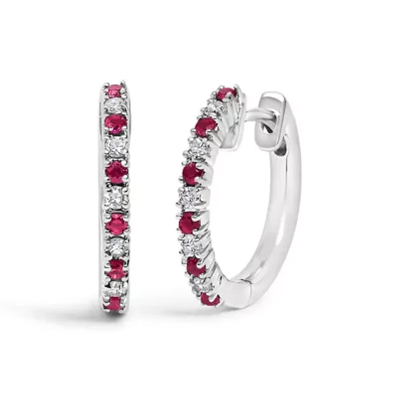 10K Gold Alternating Diamond and Red Ruby Huggy Hoop Earrings