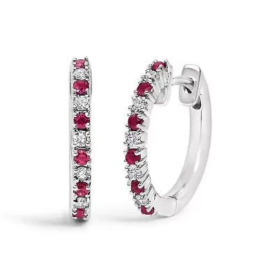 10K Gold Alternating Diamond and Red Ruby Huggy Hoop Earrings