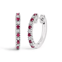 10K Gold Alternating Diamond and Red Ruby Huggy Hoop Earrings