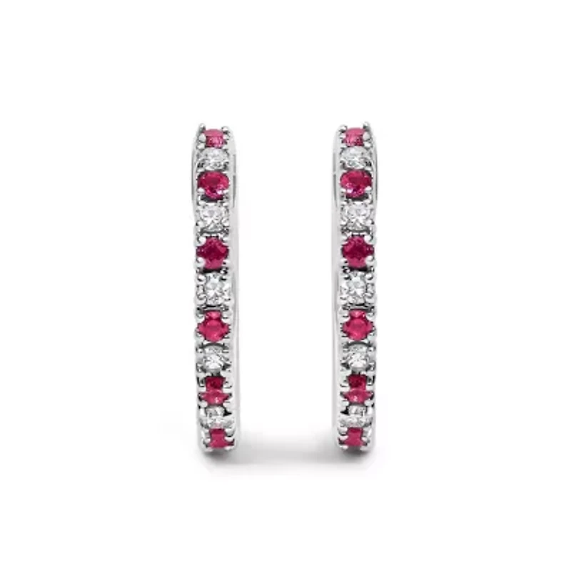 10K Gold Alternating Diamond and Red Ruby Huggy Hoop Earrings