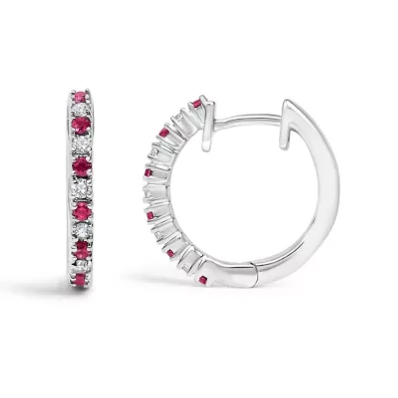 10K Gold Alternating Diamond and Red Ruby Huggy Hoop Earrings