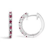 10K Gold Alternating Diamond and Red Ruby Huggy Hoop Earrings