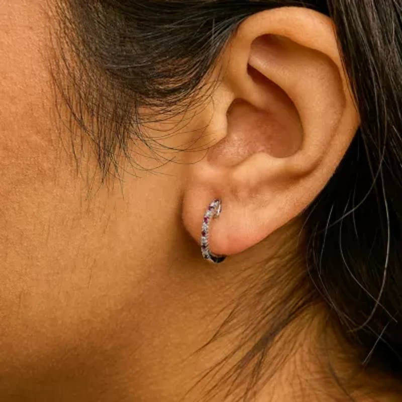 10K Gold Alternating Diamond and Red Ruby Huggy Hoop Earrings