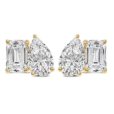 Lab Created 14K Gold 2.0 Cttw Emerald and Pear Toi et Moi Lab Grown Diamond Stud Earrings