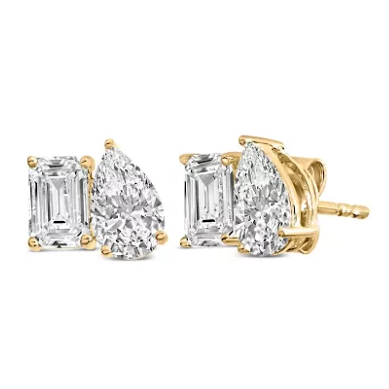 Lab Created 14K Gold 2.0 Cttw Emerald and Pear Toi et Moi Lab Grown Diamond Stud Earrings